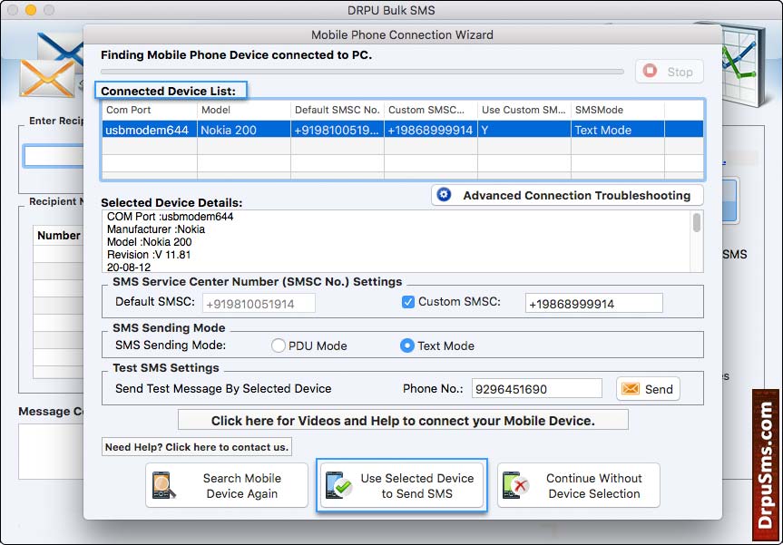 MAC bulk SMS software for GSM Selected Device